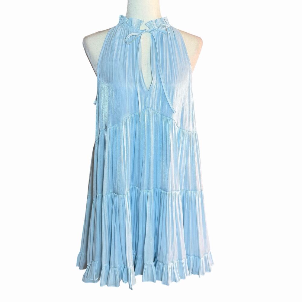 Cinq a Sept Phyllis Sleeveless Tiered Satin Dress Blue Whimsical Ethereal Sz 6